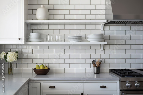 White subway tiles form a clean and minimalistic backsplash in a modern kitchen, complementing the simplicity of the cabinetry photo