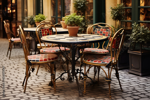 On a Paris street, a café terrace beckons patrons with its chic patterned tile flooring, paired with classic wrought iron chairs and tables