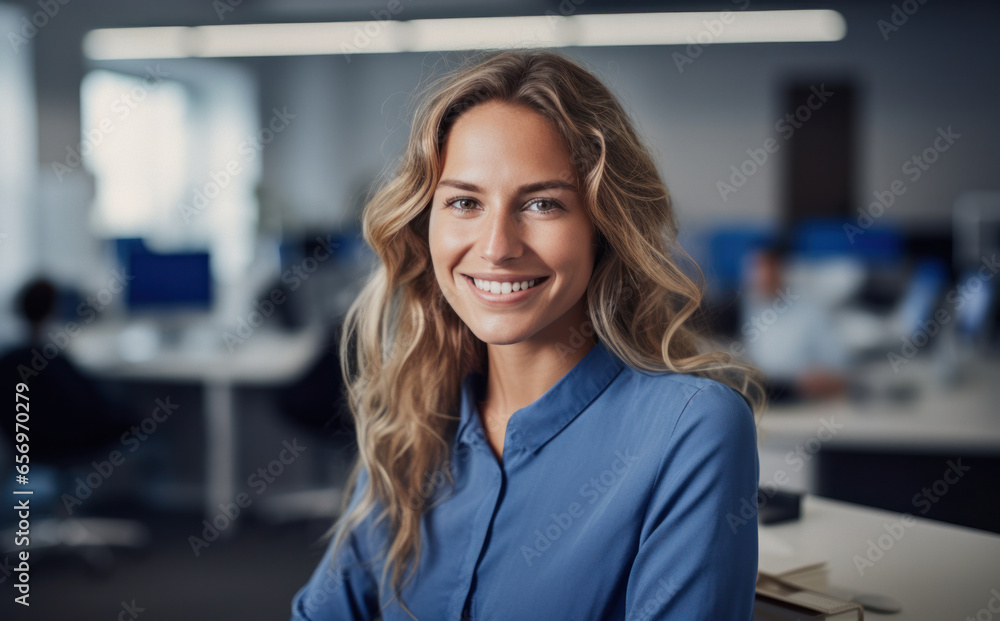 Fototapeta premium Happy businesswoman in office with colleagues in background