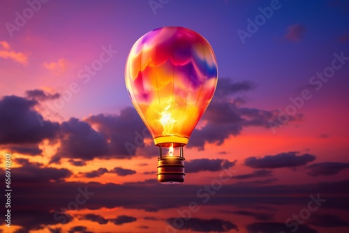 a lightbulb transforming into a hot air balloon, gently floating against a brilliant sunset sky, with rich hues of orange, purple, and pink mingling together