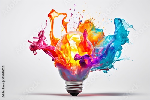 a lightbulb bursting into a dynamic splash of colorful, liquid paint against a stark, white background, symbolizing a burst of creativity and ideas