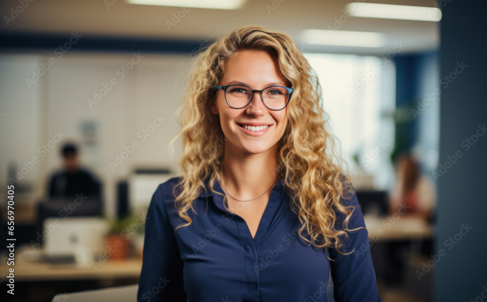 Happy woman smiling ceo manager at office space, possibly real estate, lawyer, non-profit, marketing Happy woman smiling ceo manager at office space, possibly real estate, lawyer, non-profit, marketing