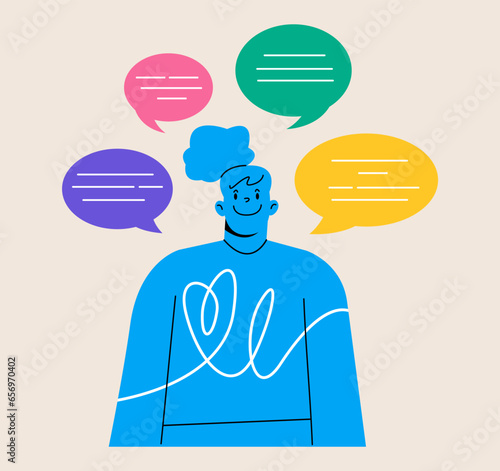 Woman with chatting bubbles around her. The dialogue, communication, thoughts, ideas, messages. Colorful vector illustration