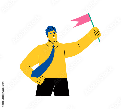 Business man Holding a Flag. Concept of leadership, achievement, success. Flat vector illustration isolated on white background
