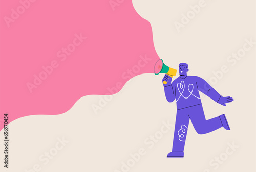 Man standing and shouting in loudspeaker. Advertising and promotion concept. Colorful vector illustration