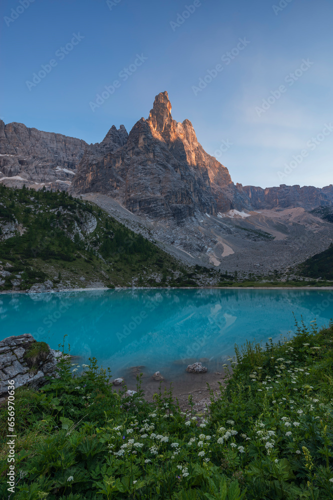 Italy, Veneto, LakeSorapiss andDito di Dio peak at springtime dusk Italy, Veneto, LakeSorapiss andDito di Dio peak at springtime dusk