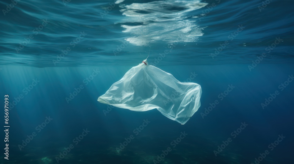 Lonely plastic bag drifting in the vast ocean