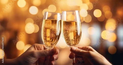 Glasses clink in a celebratory toast with golden champagne photo
