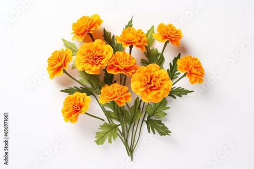 composition of marigold bouquet with leaves on white background. copy space available. Generative AI