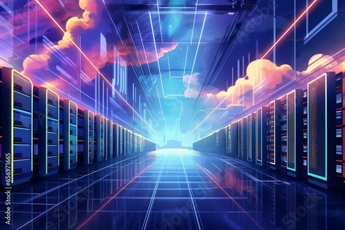 Bright server room with computers  big data processing  cloud storage. Illustration. Generative AI