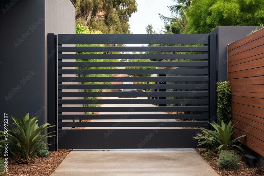 Surburb home with dark metal aluminum house gate, slats garden access door. Generative AI - obrazy, fototapety, plakaty 