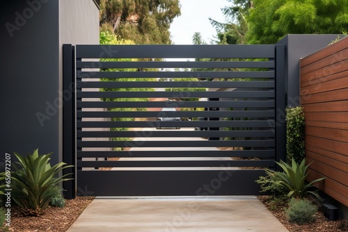 Surburb home with dark metal aluminum house gate, slats garden access door. Generative AI photo