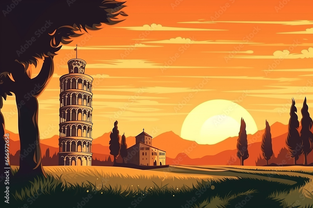 Beautiful scene landscape Leaning Tower of Pisa unItary Vector - obrazy, fototapety, plakaty 