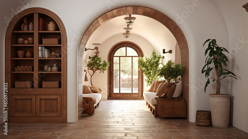Mediterranean style hallway with arched door. Interior