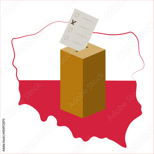 Wybory parlamentarne w Polsce. Urna wyborcza na tle polskiej flagi. Polish Parliamentary Elections. © ChemiQ