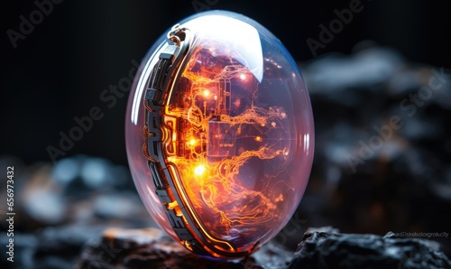 The intricate details of the cyberpunk embryo inside the glass egg were mesmerizing and futuristic.