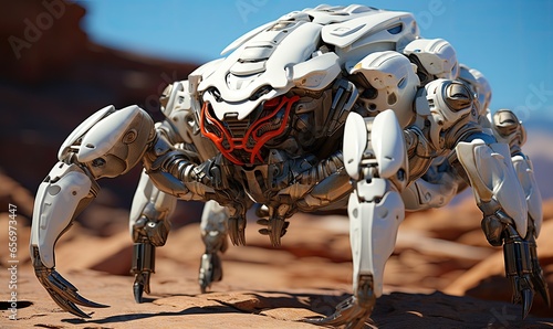 The scorpion robot's exoskeleton gleams in the dim light, showcasing its intricate design. © uhdenis