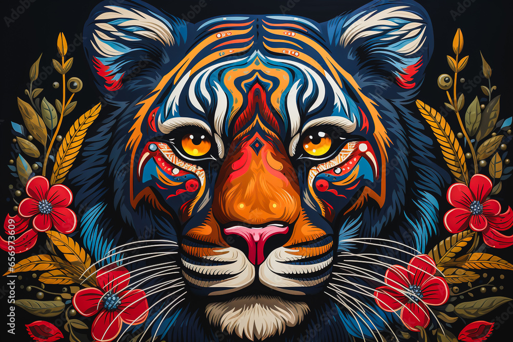 illustration of a lion painted in bright colors