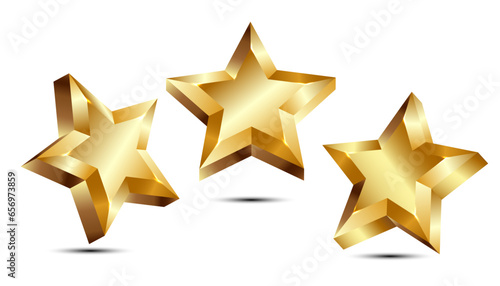 three gold stars, 3d gold stars, five stars rating icon set