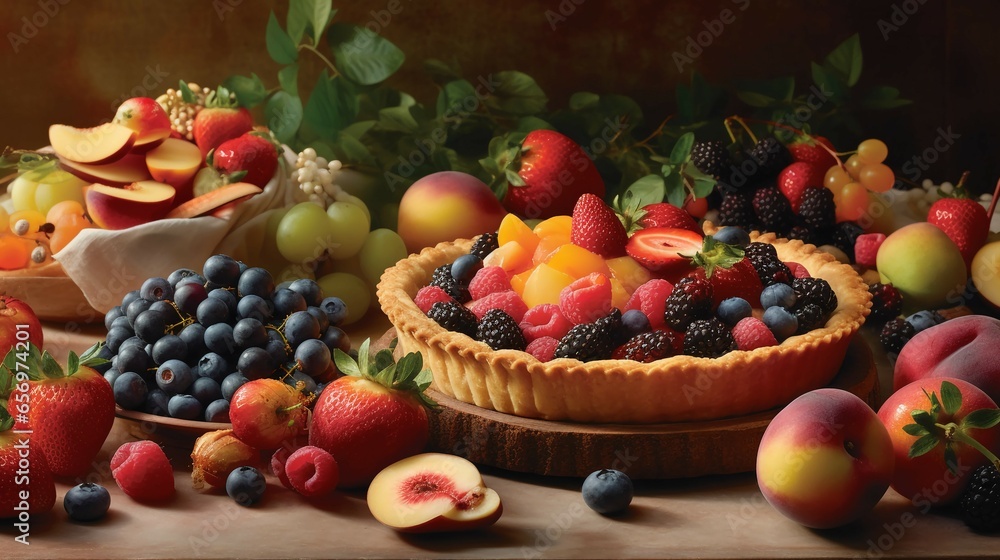 a beautifully arranged fruit tart steals the show, its colorful assortment of fresh berries and sliced peaches creating a feast for both the eyes and taste buds a beautifully arranged fruit tart steals the show, its colorful assortment of fresh berries and sliced peaches creating a feast for both the eyes and taste buds