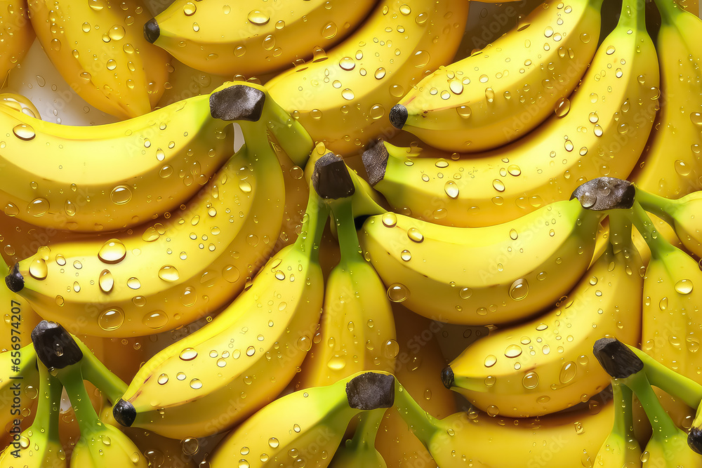 seamless background of many beautiful and shiny banana, top view.