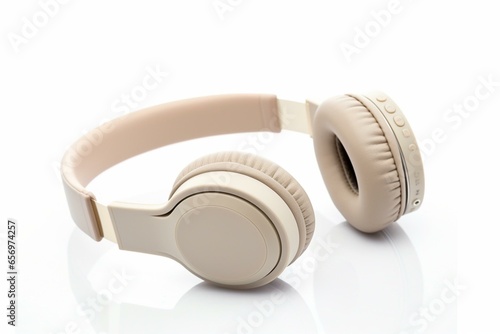Chic wireless headphones in beige on white background. Generative AI