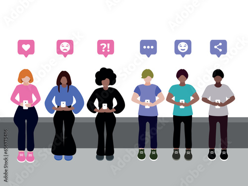 Seth guys and girls of different races are sitting in phones