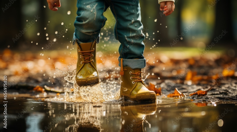 child's feet jumping in puddle of water in autumn Stock Photo Adobe Stock