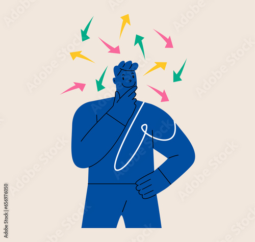 Man standing under arrows coming out of his head symbolizing process thinking. Solving problem, deciding concept. Colorful vector illustration