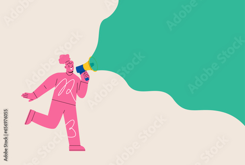 Woman standing and shouting in loudspeaker. Advertising and promotion concept. Colorful vector illustration