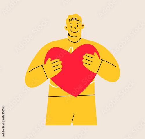 Young man embraces a big red heart. Body positive and mental health concept. Colorful vector illustration