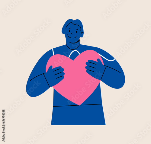 Young woman embraces a big pink heart. Body positive and mental health concept. Colorful vector illustration
