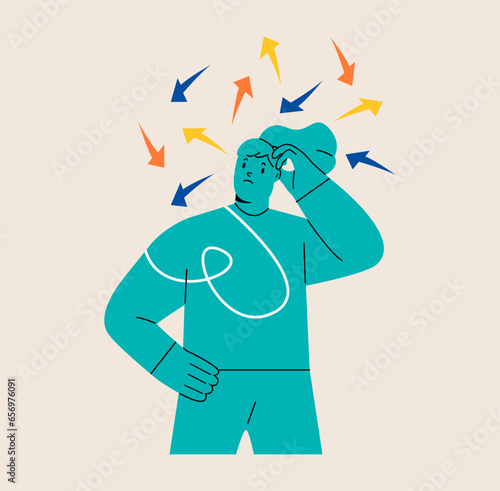 Woman standing under arrows coming out of her head symbolizing process thinking. Solving problem, deciding concept. Colorful vector illustration
