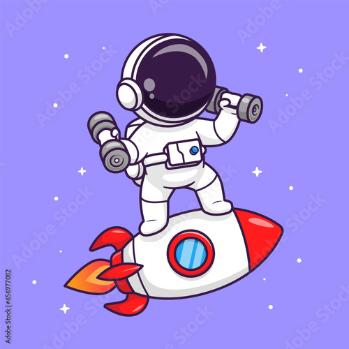 Cute Astronaut Lifting Dumbbell On Rocket Cartoon Vector Icon Illustration Science Sport Icon Concept Isolated Premium Vector. Flat Cartoon Style