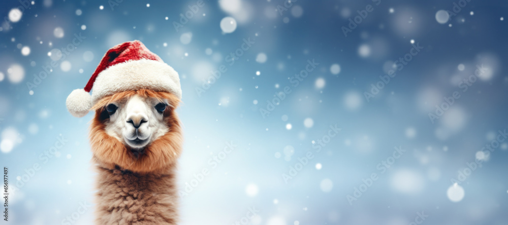 Cute Alpaca in Santa Claus hat on blue winter background with copy space. Cute Alpaca in Santa Claus hat on blue winter background with copy space.