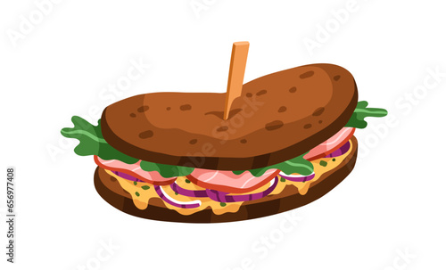 Ham and arugula between rye bread slices. Tasty sandwich with meat, vegetable, onion and melting cheese filling. Fast food, snack, eating. Flat vector illustration isolated on white background