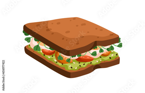 Breakfast sandwich with fried eggs, tomato, greens and mashed avocado filling. Vegetarian snack, fast food between rye toast bread slices. Flat vector illustration isolated on white background