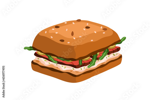 Roast beef sandwich. Fast food, healthy snack with meat and greens. Tasty eat...