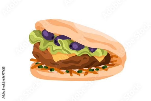 Beef cutlet, olives, cheese and lettuce in pita wrap. Greek snack, flatbread sandwich with tasty filling. Meat, greens, fried onion in pitta. Flat vector illustration isolated on white background