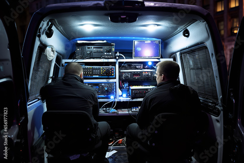  A group of operatives sit in a van parked inconspicuously, listening intently to audio feeds from hidden listening devices placed in a target's residence