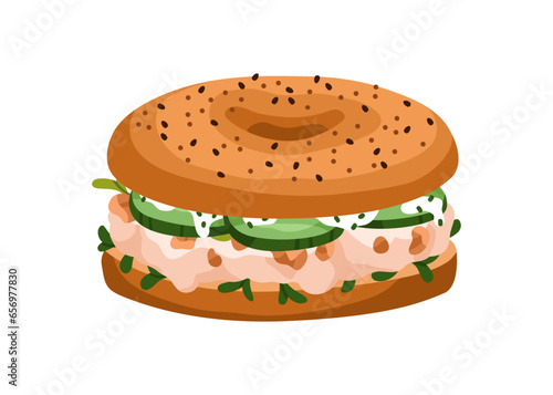 Bagel sandwich with mashed tofu, greens and vegetable stuffing. Vegetarian fast food, snack, eating with cucumber, microgreen, nuts. Flat graphic vector illustration isolated on white background