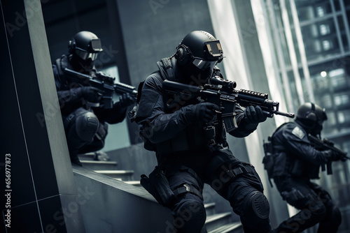 A tactical team, equipped with night-vision goggles and body armor, is in the process of breaching a fortified building to capture a high-value target