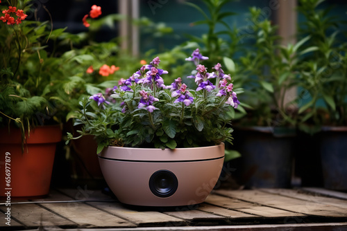 A small covert listening device is cunningly hidden within the soil of a flower pot  capturing conversations in a private residence