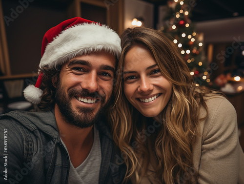 Fotografie, Tablou primo piano di coppia felice con cappello natalizio che attende la vigilia di Na