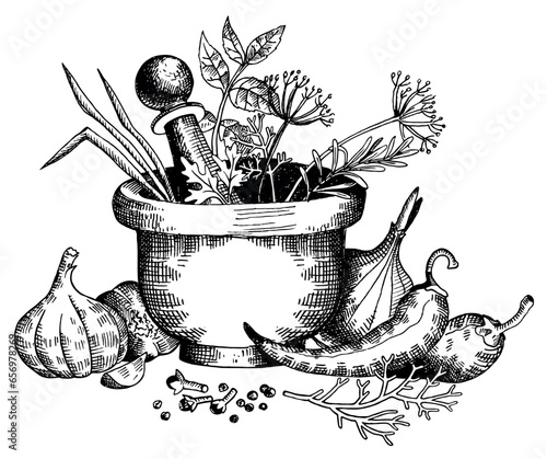 Set of spices in engraving style. Pepper mill, garlic, onion, dill and more.