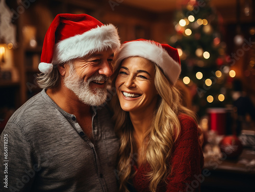 primo piano di coppia di anziani felice con cappello natalizio che attende la vigilia di Natale in casa  photo