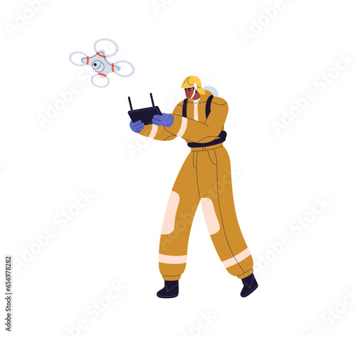 Emergency worker using copter for firefighting, fire detecting. Firefighter s...