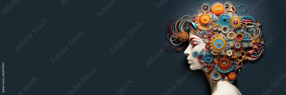 3D Portrait Beauty fantasy woman face with flowers and gears. Art woman face flat lay in floral composition - obrazy, fototapety, plakaty 