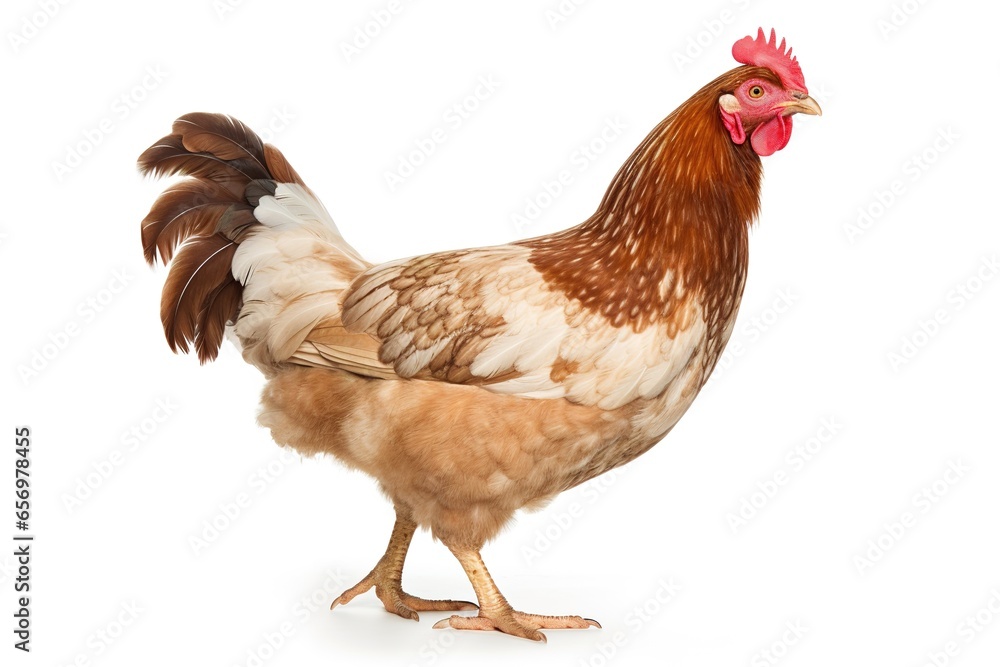 Brown chicken standing on white background, looking at camera with bright eyes.