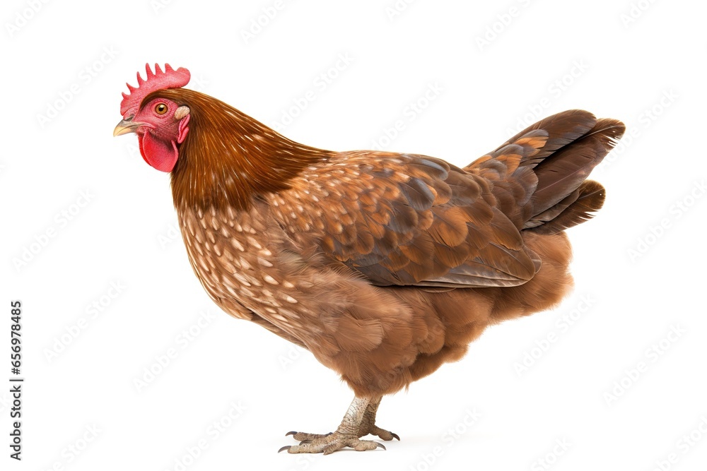 Fototapeta premium Brown chicken standing on white background, looking at camera with bright eyes.